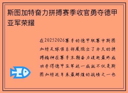 斯图加特奋力拼搏赛季收官勇夺德甲亚军荣耀